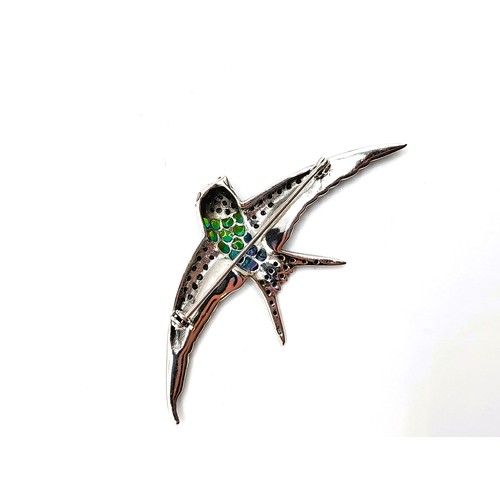 268 - A silver and plique de jour marcasite and glass filled swallow brooch 7cm 8gms.