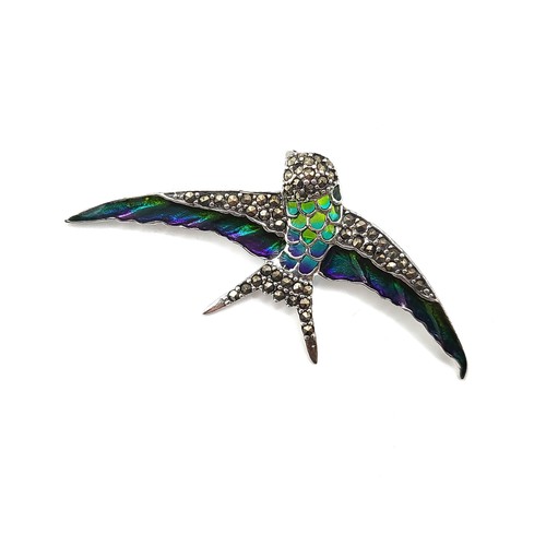 268 - A silver and plique de jour marcasite and glass filled swallow brooch 7cm 8gms.