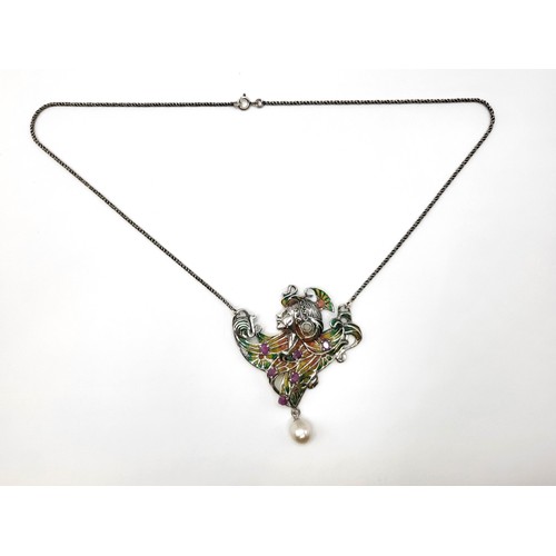 271 - A silver and Egyptian style plique de jour Art Nouveau style figural necklace with pearl drop on a t... 