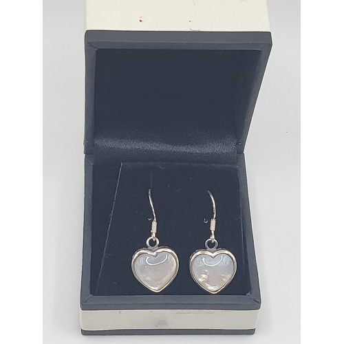 272 - A pair of silver and mother of pearl heart shaped French hoop drop earrings 3.5gms