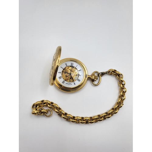 300 - Two gilt fob watches, one Rotary with chain Roman numerals on front casing and foliage decoration on... 