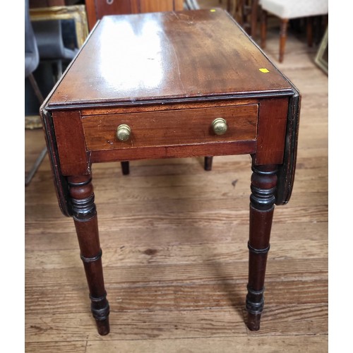 3 - A Pembroke table with one authentic  drawer and one faux drawer (brass knob absent), with an aged pa... 