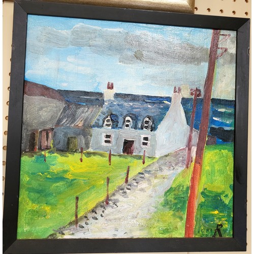 95 - 'House at Iona (Scotland)' by Richard Conway-Jones in a black frame. 40cm x 40cm.