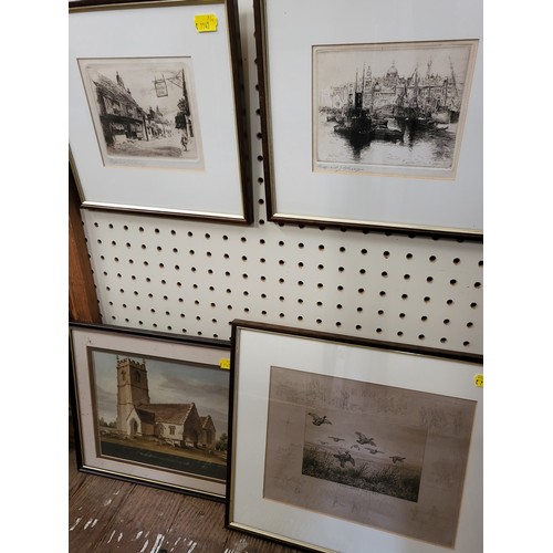 98 - Four pictures, including two etchings, a watercolour of Holy Cross and game birds in flight