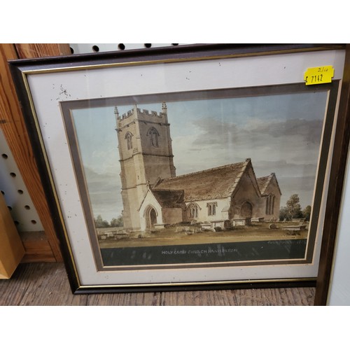 98 - Four pictures, including two etchings, a watercolour of Holy Cross and game birds in flight