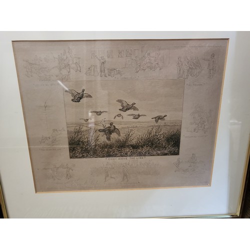 98 - Four pictures, including two etchings, a watercolour of Holy Cross and game birds in flight