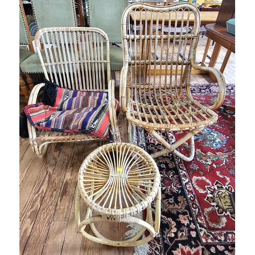 27 - Two wicker chairs, a wicker footstool and a cushion.