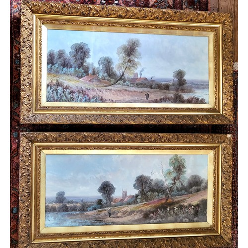 100 - Two scenes in oil by artist T. Hall depicting countryside scenes, presented in ornate gilded frame a... 