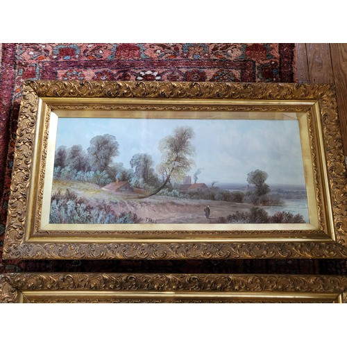 100 - Two scenes in oil by artist T. Hall depicting countryside scenes, presented in ornate gilded frame a... 