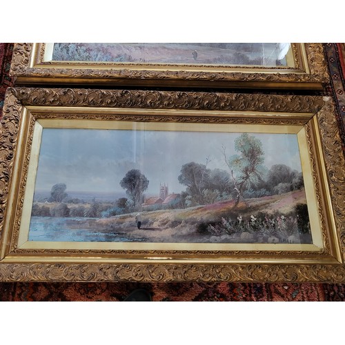 100 - Two scenes in oil by artist T. Hall depicting countryside scenes, presented in ornate gilded frame a... 