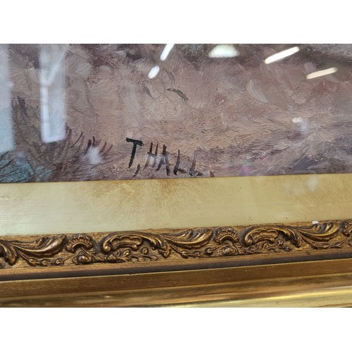 100 - Two scenes in oil by artist T. Hall depicting countryside scenes, presented in ornate gilded frame a... 