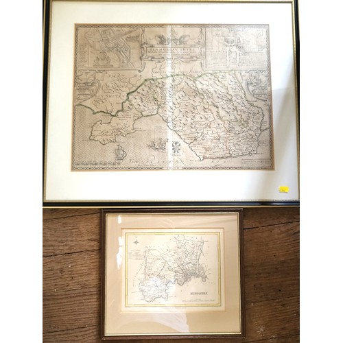 103 - Second edition map of Glamorgan, John Speed framed and glazed, 56cm x 67cm and a map of Middlesex, 3... 