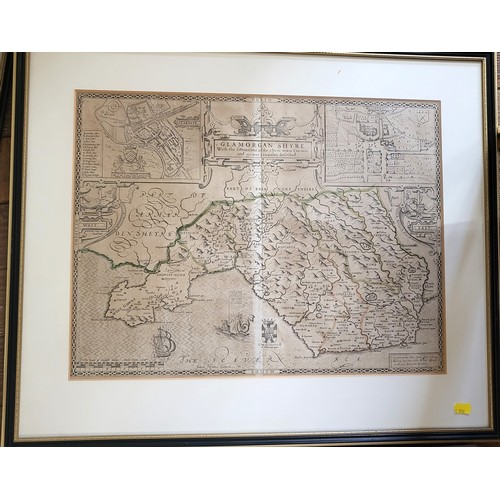 103 - Second edition map of Glamorgan, John Speed framed and glazed, 56cm x 67cm and a map of Middlesex, 3... 