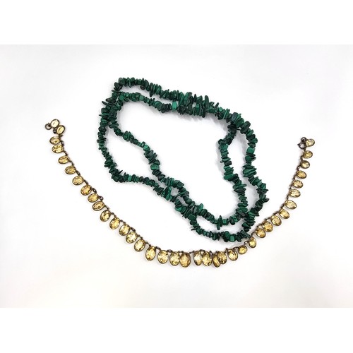 392 - A malachite necklace consisting of polished chips, 84cm,  113.3gms, and a citrine oval cut necklace ... 