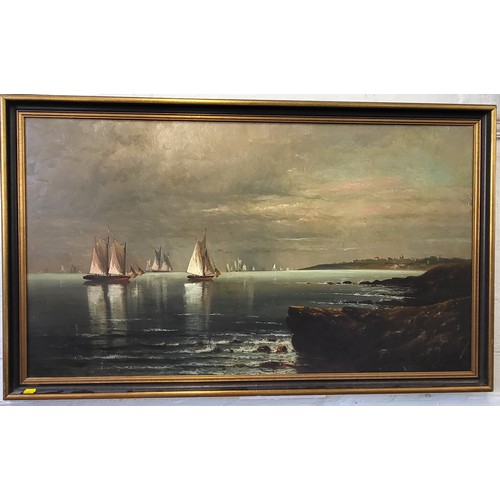 113 - Oil on canvas sailing boats on a becalmed sea, indistinctly signed. 67cm x 113cm.