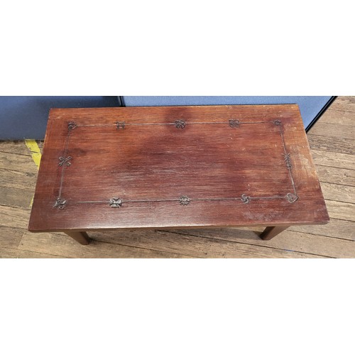 56 - A wooden coffee table 41cm x 92cm x 45cm and a veneer side table with flower motif on tripod legs 56... 