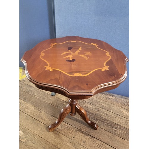 56 - A wooden coffee table 41cm x 92cm x 45cm and a veneer side table with flower motif on tripod legs 56... 