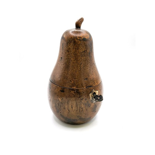 129 - A Georgian style pear shaped fruitwood tea caddy with a bone escutcheon and key. 289gms. 19cm x 12cm... 