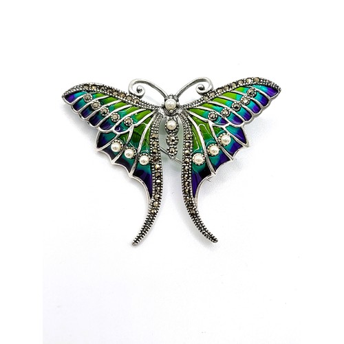 418 - A silver and plique de jour butterfly brooch/ pendant set with marcasite and faux pearls. 4.5cm x 6c... 