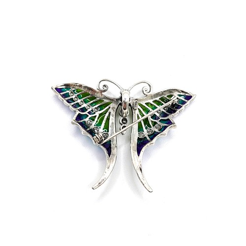 418 - A silver and plique de jour butterfly brooch/ pendant set with marcasite and faux pearls. 4.5cm x 6c... 