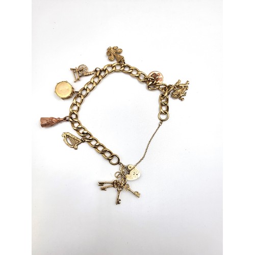 422 - A 9ct yellow gold bracelet and mixed charms consisting of a set of keys, Irish harp, Welsh dragon an... 