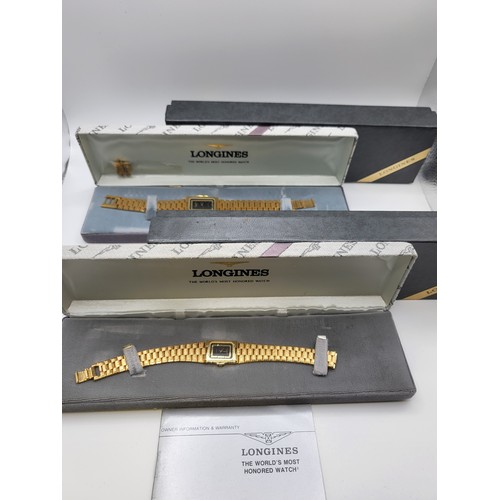 439 - A gentlemen's and ladies matching pair of Longines  QWR Dress watches. The gentlemen's has been insc... 