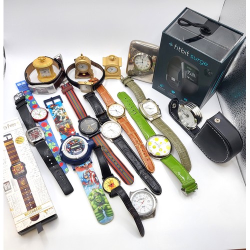 442 - A collection of 5 miniature clocks, thirteen fashion and children's watches to include a Harry Potte... 