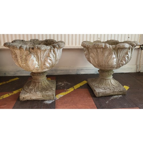 12 - A pair of garden urns on square bases. 47cm high, 48cm diameter. (2)