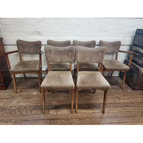 2 - Six mid-century dining chairs (80cm x 42cm x 56cm) including two carvers (80cm x 59cm x 56cm) with r... 