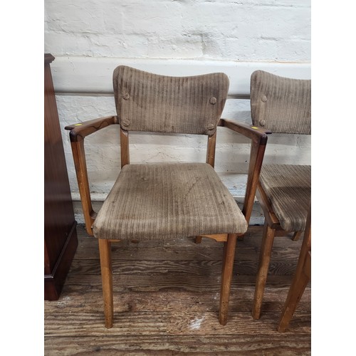 2 - Six mid-century dining chairs (80cm x 42cm x 56cm) including two carvers (80cm x 59cm x 56cm) with r... 