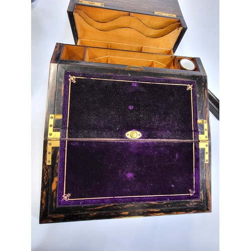 18 - A coromandal wood writing slope with purple velvet insert for writing, a push-button/ spring mechani... 