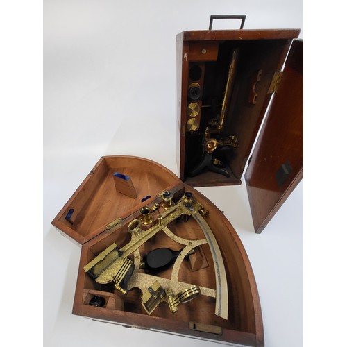 36 - A Sextant 13cm x 29cm x 28cm (Slebbing and Wood, Southampton), and a microscope 37cm x 20cm x 16cm