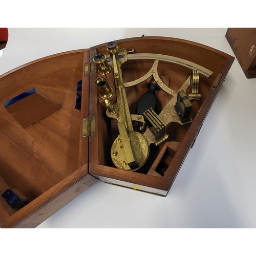 36 - A Sextant 13cm x 29cm x 28cm (Slebbing and Wood, Southampton), and a microscope 37cm x 20cm x 16cm