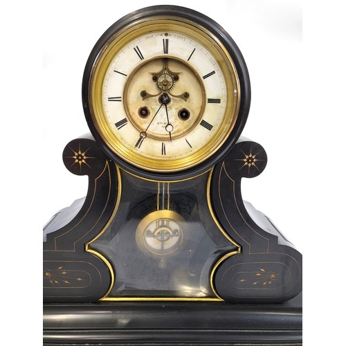 44 - A large Victorian mantle clock with a visible brocot escapement. Cracked glass on reverse. 48cm x 53... 