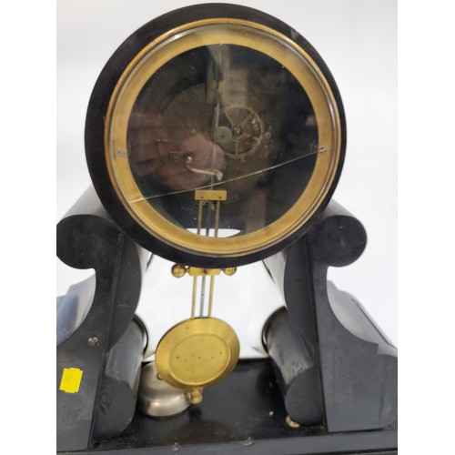 44 - A large Victorian mantle clock with a visible brocot escapement. Cracked glass on reverse. 48cm x 53... 