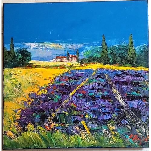 70 - Oil on canvas 'Lavender Field' by Iranian artist Madjid Rahnavadkar. 50cm x 50cm