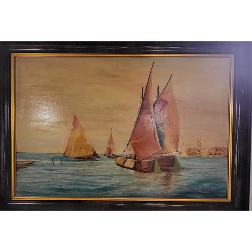 71 - Oil on canvas 'Canvas Sailboats' H P Bucher, framed. 83cm x 60cm.