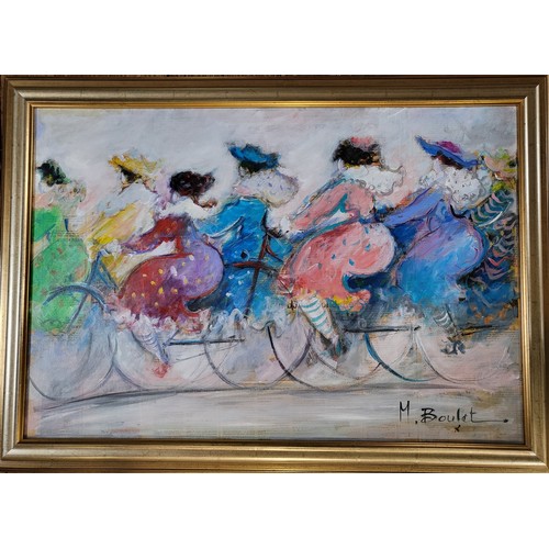 75 - A Michel Boulet oil on canvas of ladies on bicycles. 60cm x 83cm.