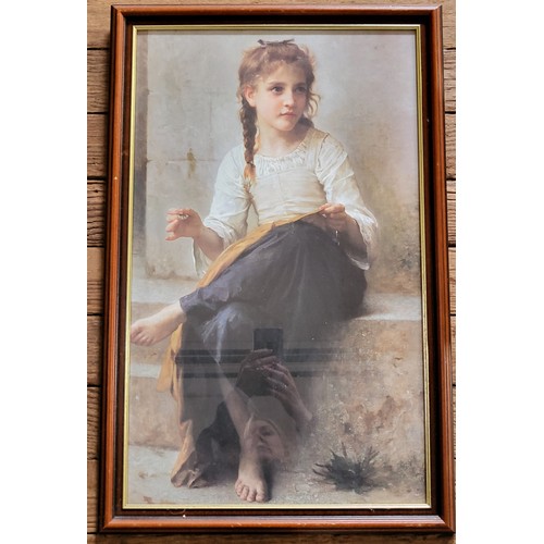 84 - A print of a young girl sewing, glazed and framed, 67cm x 44cm and a portrait of a gentleman wearing... 