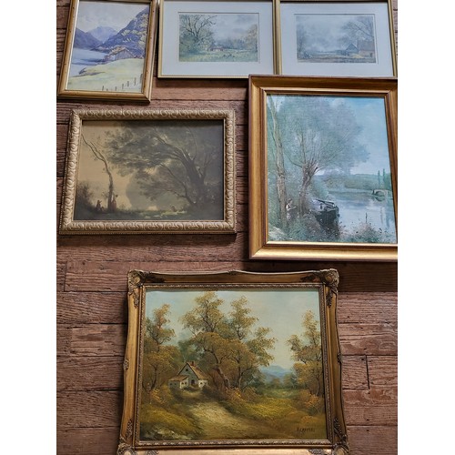 90 - Six pictures: Windswept Trees 41cm x 53cm, Cabin by Loch 41cm x 31cm, , Farm and Tractor 31cm x 40cm... 