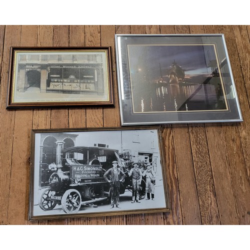 92 - A photo of a ship in dock at nighttime, a print of New London Docks and Passenger Office, and a prin... 