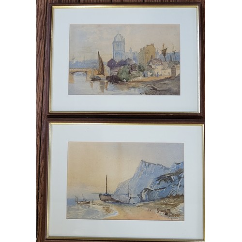 98 - A pair of watercolours: a coast scene with boats, and a river and town scene. Unsigned. Framed and g... 