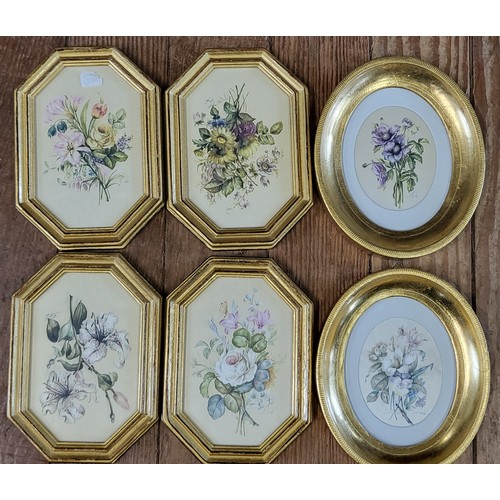 104 - Six silk miniatures in gilt frame (ovals 18cm x 15cm, others 17cm x 12cm)