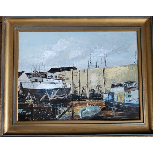 62 - An oil painting 'Boat Yard' by B Ridgley. 42cm x 59cm.