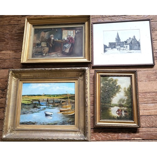 61 - Four paintings: Henry Daniel , Oil by WT Rudman , Oil by CEW Barnett, and Cows drinking at the water... 