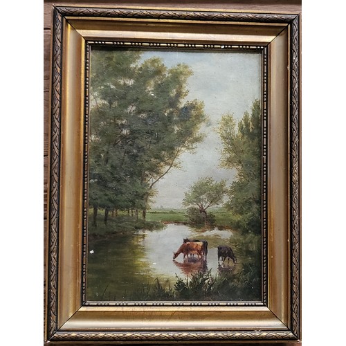 61 - Four paintings: Henry Daniel , Oil by WT Rudman , Oil by CEW Barnett, and Cows drinking at the water... 