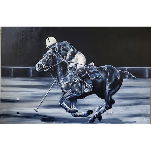 60 - An original oil on canvas of a polo player on horseback, titled Blue Monday, signed by international... 