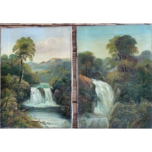 56 - Two antique oil on canvases of a waterfall scene. (2). 36cm x 25cm.