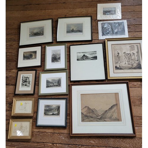 54 - A selection of engravings and prints including a watercolour by G Monkhouse, Wastwater, Cumberland 1... 