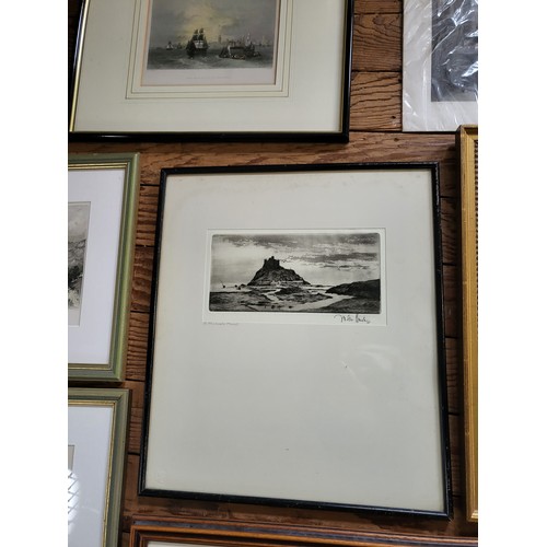 54 - A selection of engravings and prints including a watercolour by G Monkhouse, Wastwater, Cumberland 1... 